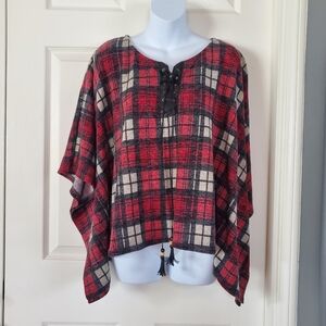 Haute Fox Flannel Plaid Re Black Poncho Sweater Oversized Pullover Lace-up Med
